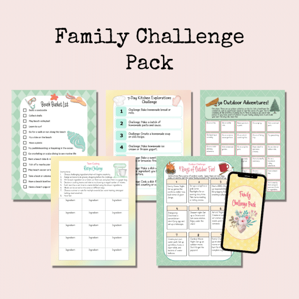 Mock-up images of the pages included in the Family Challenge Pack.