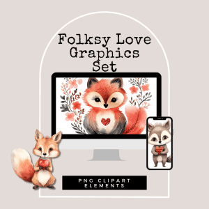 Illustration of the Folksy Love Graphics (Extended License). Featuring a computer screen and smartphone both displaying a cute fox holding a heart. An additional fox holding a heart graphic is placed on the left. Text above reads "Folksy Love Graphics (Extended License)," "PNG Clipart Elements," and offers an editable template for extended commercial use.