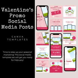 A collage of February Promotional Social Media Template Pack displays Valentine’s-themed editable designs. The templates feature phones showcasing shop products, cloud backgrounds, heart icons, and text promoting discounts and digital items. The header reads “Valentine’s Promo Social Media Posts.” Ideal for commercial use.