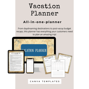 Promotional image for Vacation Planner (Extended Use). The main text reads "Vacation Planner (Extended Use) All-in-one-planner." The visual shows a computer, tablet, and phone displaying the planner's cover, along with several editable templates including budget sheets and travel checklists for extended use.