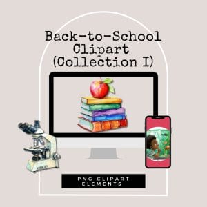 A graphic titled "Back-to-School Clipart Collection" featuring a computer screen with an apple on top of a stack of books, a microscope to the left, and a smartphone displaying a children's illustration to the right. This editable template offers PNG clipart elements for extended use and commercial use.