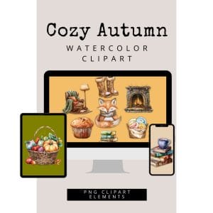 A promotional graphic for the "Cozy Autumn Watercolor Clipart" set, highlighting its autumn-themed illustrations displayed on a computer monitor, tablet, and smartphone. Ideal for extended use and commercial projects, this collection includes designs of a fox, fireplace, muffins, pumpkins, books, and autumn boots.