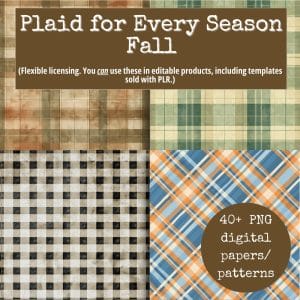 A promotional image for "A Plaid for Every Season: Fall Digi-Papers" collection, showcasing four plaid patterns in assorted fall hues. The text states: "Flexible licensing for commercial use. These can be used in editable products, including digital product templates sold with PLR. Over 40 PNG digital papers/patterns included.