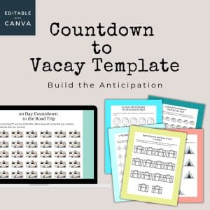 An image showcasing "Countdown to Vacay Templates (Extended Use)" by Canva. These editable templates offer a variety of colorful countdown printouts for vacations, such as a 60-day countdown to a road trip or a 30-day countdown to the beach. Perfect for extended use, enjoy planning with this engaging digital product template.