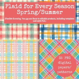 A promotional image for "A Plaid for Every Season: Spring/Summer Digi-Papers" showcases four vibrant plaid patterns in various colors. Text highlights that the set includes 35 PNG digital papers/patterns and offers flexible licensing for use in any editable template.