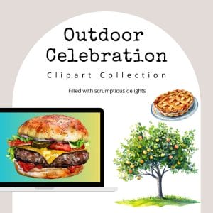An illustration features a laptop displaying a burger, next to an apple tree and a pie, with the text "Outdoor Celebration Clipart Collection Filled with scrumptious delights" overhead. Ideal for commercial use as an editable template.