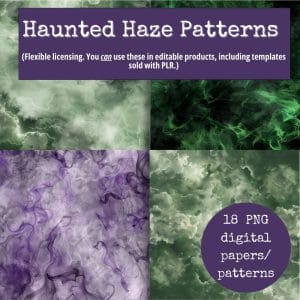 A square image features four various colored smoke patterns: gray, green, purple, and dark green. The text reads "Haunted Haze Digital Patterns" with a note highlighting flexible licensing options for editable products and commercial use. In the bottom right corner, it says "18 PNG digital papers/patterns.