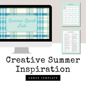 A graphic displaying a computer monitor with the text "Spark Lists: Summer Version" on the screen. Two additional documents are shown beside the monitor. Below, the text reads "Creative Summer Inspiration" and "Canva Template for Commercial Use." The background has a light plaid pattern.