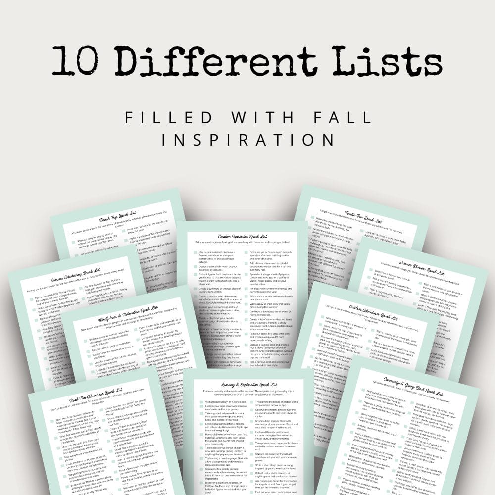 Image of ten pieces of paper arranged in a semi-circle, viewed from above. Each paper lists different summer-themed inspirations and activities. The text "10 Different Lists" is centered at the top, with "Filled With Summer Inspiration" positioned underneath it. Ideal as an editable template for extended use. From the Spark Lists: Summer Version collection.
