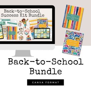 An image of a "Back-to-School Success BUNDLE (Extended License)" displayed on a computer screen. Surrounding the screen are various colorful educational materials and books, all labeled as part of the Back-to-School Bundle. The bottom text reads "Back-to-School Bundle, Editable Canva Template".