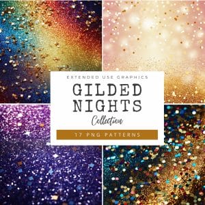 A collage of four glittery backgrounds in gold, purple, red, and blue hues features centered text that reads "Gilded Nights Collection Digi-Papers (Extended Use) - 17 PNG Patterns." The images create a sparkling, festive atmosphere.