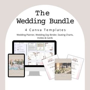 A promotional image for "The Ultimate Wedding Planner Template Bundle" showcases 4 Canva templates: Wedding Planner, Wedding Day Binder, Seating Charts, and Invites & Cards. The display includes a tablet alongside various digital wedding planner documents.