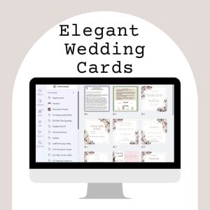 Computer monitor displaying various elegant wedding card designs, featuring floral patterns and elegant typography. Background is a light beige arch with text reading "Elegant Wedding Cards" at the top.