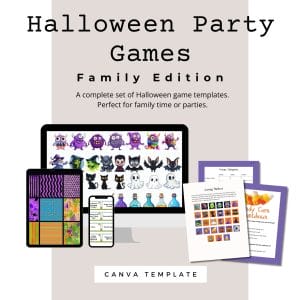 A promo image for "Halloween Party Game Bundle – Family Edition (Canva Template + Clipart + Papers)" features game templates on a computer and phone, plus printable pages with Halloween graphics. Tagline: "CANVA TEMPLATE.
