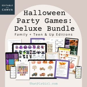 A promotional image for the "Halloween Party Game Bundle – Complete Set (Family + Teen Editions)" shows printable game sheets, digital devices with game pages, and Halloween graphics. Text notes it's for families and teens from ThatPlrGirl.com.