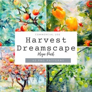 Four abstract, colorful watercolor paintings surround a white box labeled “KaleidoColor Washes: Watercolor Days Digi-Papers (21 PNGs + JPGs).” The artwork showcases vivid fruit trees, apples, and peppers in bold hues.