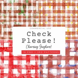 A digital graphic displays a white box with “Heirloom Pantry Digi-Papers – Vintage Botanical Recipe Backgrounds” text. The background features vintage watercolor gingham patterns in green, brown, red, and blue shades.