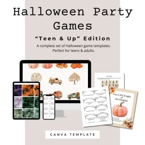 A promo graphic for the Halloween Party Game Bundle – Teen & Up Edition (Canva Template + Graphics) features digital and printable games with pumpkins and autumn art—ideal for teen Halloween activities!.