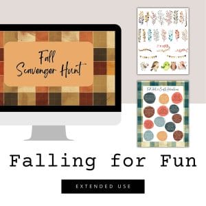 A computer screen shows “Falling for Fun: a Family Fun Printables Bundle (Ext-Use)” atop an autumn-plaid background, flanked by two fall PLR templates. Below appears “EXTENDED USE.”.